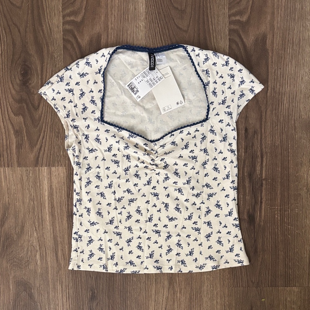 H&M Cream and Blue Floral Blouse